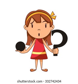 Confused girl, riddle, vector illustration