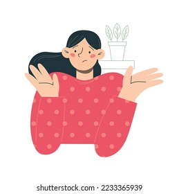 Confused girl in sweater shows that something wrong. Vector flat minimalist illustration