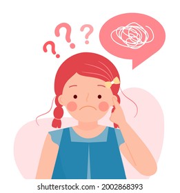 Confused girl thinking and asking question with question marks. Student in doubt, do not understand and be worried. Flat vector illustration.