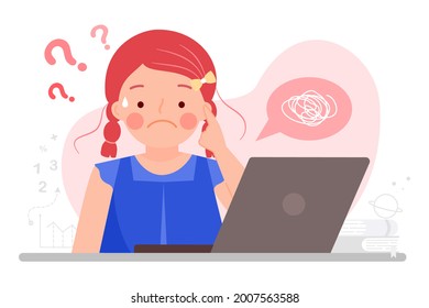 Confused girl thinking and asking question with question marks in online class, distance learning or e-learning vlog. Student in doubt, do not understand and be worried. Flat vector illustration.