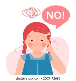 Confused girl thinking and say no with bubble speech. Student in doubt, do not understand and be worried. Flat vector illustration.