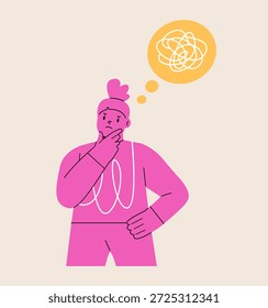 Confused girl thinking with speech bubble with tangled thoughts. Colorful vector illustration
