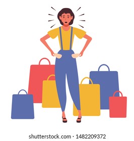 Confused girl wasting all money for shopping. Funny young woman checking pockets after shop, mall, store or showroom. Female customer standing surrounded shopping bags. Flat cartoon vector