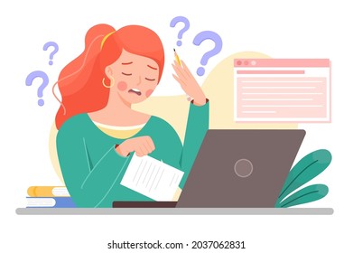 Confused Girl Working On Laptop With Question Mark.  Misunderstanding Young Woman Character Need Help, Asking Questions During Distance Work. Online Learning Or Remote Work. Flat Vector Illustration.