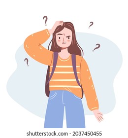 Confused girl. Young woman standing in doubt, thinking of dilemma. Isolated puzzled teenager with a backpack. Flat vector illustration.