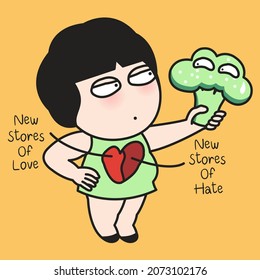 Confused Girl's Love Hate Relationship With Broccoli Concept Card Character Illustration