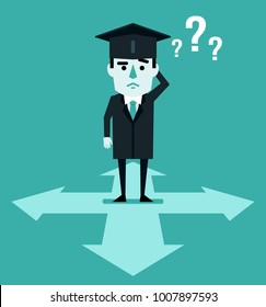 Confused graduate student stands at crossroads and decides which way to go. Future planning, career choose. Flat style vector illustration