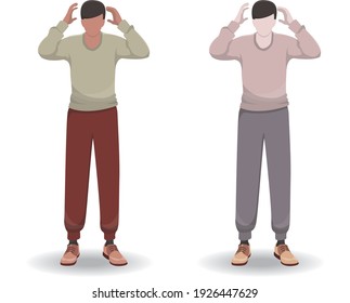 The confused guy holds his hands next to his head. Problems. Mental disorders. Black and white leather. Flat vector illustration isolated on white background.