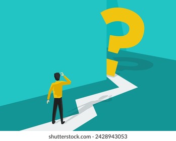 Confused guy is standing by an azure wall with question mark behind the wall. Concept in polygonal style