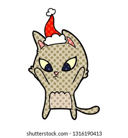 confused hand drawn comic book style illustration of a cat wearing santa hat