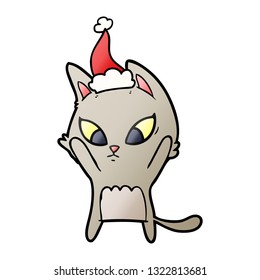 confused hand drawn gradient cartoon of a cat wearing santa hat