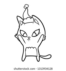 confused hand drawn line drawing of a cat wearing santa hat