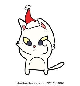 confused hand drawn line drawing of a cat wearing santa hat