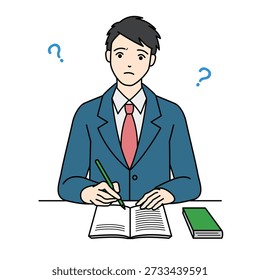 Confundido chico de secundaria estudiando con signos de interrogación en el escritorio