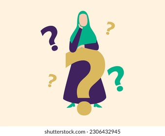 Confused hijab woman thinking of a solution. Doubtful Muslim woman with many question marks around her.