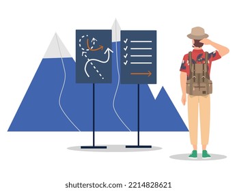 Confused hiker or visitor itching head. Confused person seeing map and watching complicated road map and person standing in front three road junction. He isn't finding road. worried about road map.