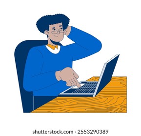 Verwirrt hispanischen Büro Arbeiter klicken Tastatur Laptop 2D Cartoon Zeichen. Scratching Head Latino Mann in Business Casual einzelne Person flachen Vektor auf weißem Hintergrund. Spot Illustration bunt