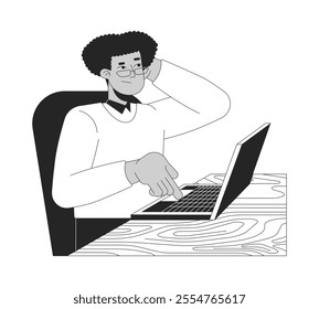 Confused hispanic office worker clicking keyboard laptop black and white 2D line character. Scratching head latino man business casual isolated vector outline person. Monochromatic spot illustration