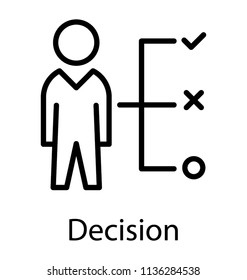 A confused human with right and wrong options to choose, processing decision icon 