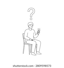 A confused individual contemplates a mobile device with large question mark symbolizing uncertainty. Useful for communication challenges or tech support.