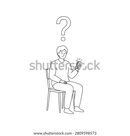 A confused individual contemplates a mobile device with large question mark symbolizing uncertainty. Useful for communication challenges or tech support.