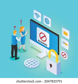 Confused internet users got their account blocked 3d isometric vector illustration concept for banner, website, landing page, ads, flyer