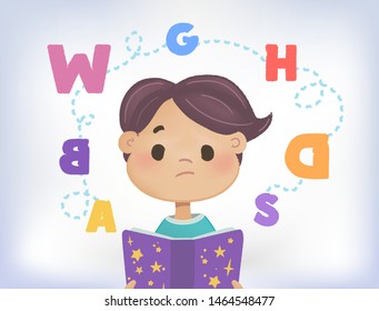 Confused kid with a cloud of scattered letters above his head and book. Dyslexia failing to read. Learning disability concept. Flat vector illustration. Isolated on white background.