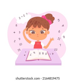 Confused Kid Suffering With Dyscalculia Vector Illustration. Cartoon Unhappy Girl With Difficulty In Arithmetic Sitting At Desk In Classroom, Child Doing Homework Isolated On White. Disability Concept