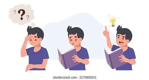 confused kid and understand or found answer.boy reading book then got some idea.Flat vector cartoon illustration