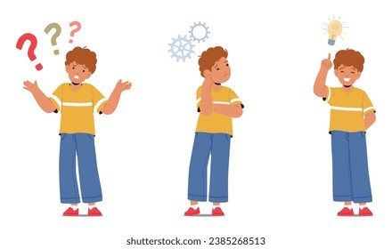 Confused Kids, Thoughtful Boy Character with Glowing Light Bulb. His Face Radiates The Joy Of A Brilliant Idea Illuminating His Mind. Little Kid Ask Questions. Cartoon People Vector Illustration