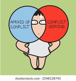 Confused Lady Standing With Her Conflict Diagram Head concept cartoon character illustration