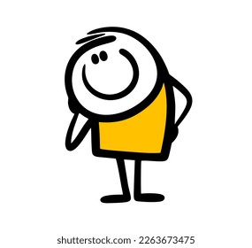 Confused little boy looking shy. Vector doodle hand drawn illustration of cute stick figure character cartoon.