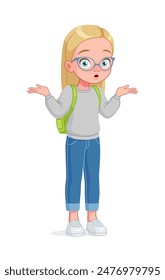 Confused little girl in eyeglasses shrugging shoulders. I dont know expression. Cartoon vector illustration isolated on white background.