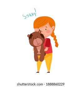 Confused Little Girl Feeling Sorry And Expressing Regret About Stained Toy Bear Vector Illustration