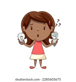 Confused little girl holding light bulbs