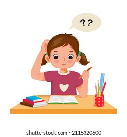 confused little girl with question mark scratching her head having problems when doing difficult math homework at the desk