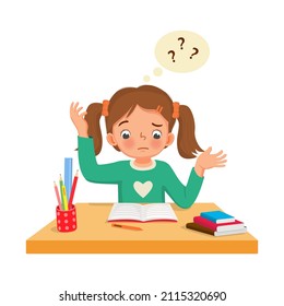 confused little girl with question mark having problems when doing her difficult math homework at the desk