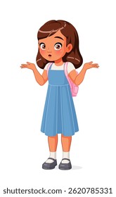 Confused little Indian school girl shrugging shoulders. I dont know expression. Cartoon vector illustration isolated on white background.