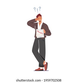 Confused Male Character Scratching Occiput Trying to Figure Out with Business Analytics Document and Statistics Data on Paper. Loser, Stupid Employee does not Understand. Cartoon Vector Illustration