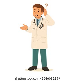 Médico masculino confuso com estetoscópio, cabeça arranhando, expressando dúvida no estilo de desenho animado.