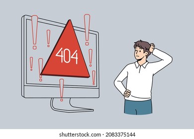 Confused male employee look at computer screen distressed with page not found error on device. Frustrated man stressed with pc malfunction, operational system breakdown. Vector illustration.