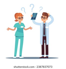 Confused male and female doctors cant make diagnosis. Consultation in hospital or clinic. Thinking man hold x-ray picture. Professional help. Cartoon flat isolated vector medical concept