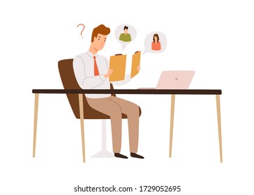 Confused male recruit choosing between two resume applicant vector flat illustration. HR manager sit at desk doubt to hire hold cv isolated on white. Head hunting, recruitment and candidate choice