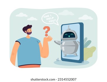 Confused man asking chatbot for help vector illustration. Virtual assistant on smartphone screen advising client via chat messenger app. Online customer support, AI, chatbot conversation concept