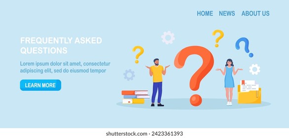 Confused man asks questions. People are looking for solutions and asking for help, finding an answer. A man and a woman are discussing near a huge question mark. Problems and uncertainty, indecision