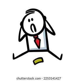 Confused man in a business suit sits on the floor and looks at the last banknote in fright. Vector stickman illustration.