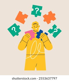 Confused man cannot put together a jigsaw puzzle. Problem solution and dilemma. Colorful vector illustration 
