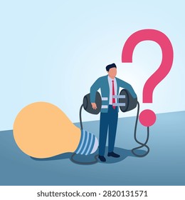 Confused man carrying a lamp and question that can not be connected via cable. Illustration of unsolved problem and impossible puzzle.