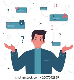 Confused Man Cartoon Character Standing Surrounded With Question Mark Signs. Solution For Business And Career Concept. Oops! Sorry! I Don`t Know! Man Shrugging Shoulders And Raised Hands. Vector Flat 