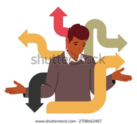 Confused man character looking at multiple crossroad signs surrounded by roads arrows representing complexities of choosing career path and work direction vector illustration. Professional indecision